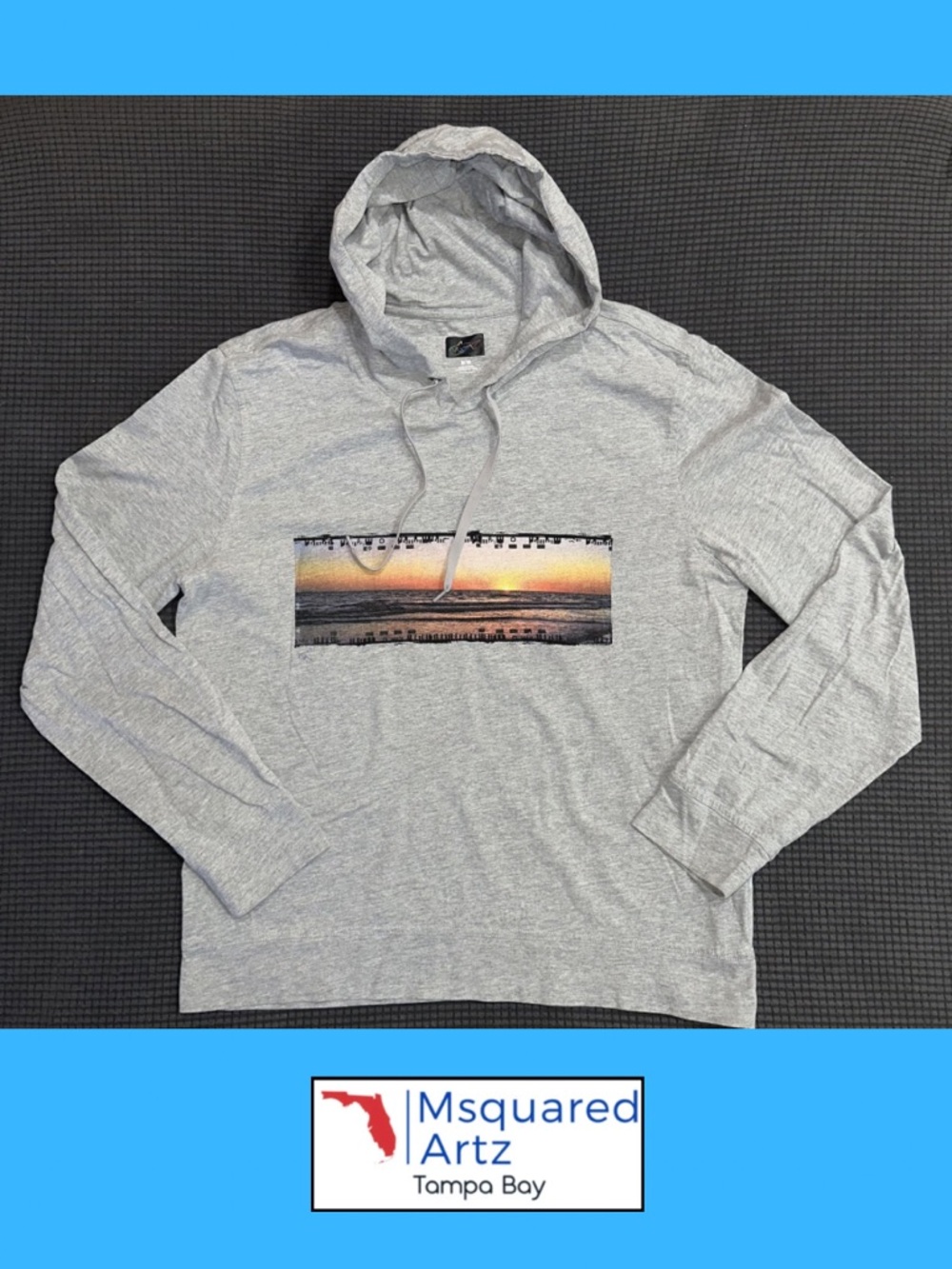 Greg Norman Gray Hoodie Medium Sunset Ocean Graphic Lightweight Pullover